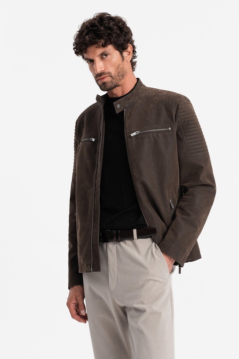 OMBRE, Jacheta biker de piele ecologica, Maro inchis