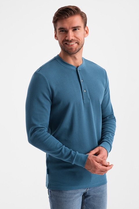 OMBRE, Bluza uni cu fenta cu nasturi, Albastru petrol