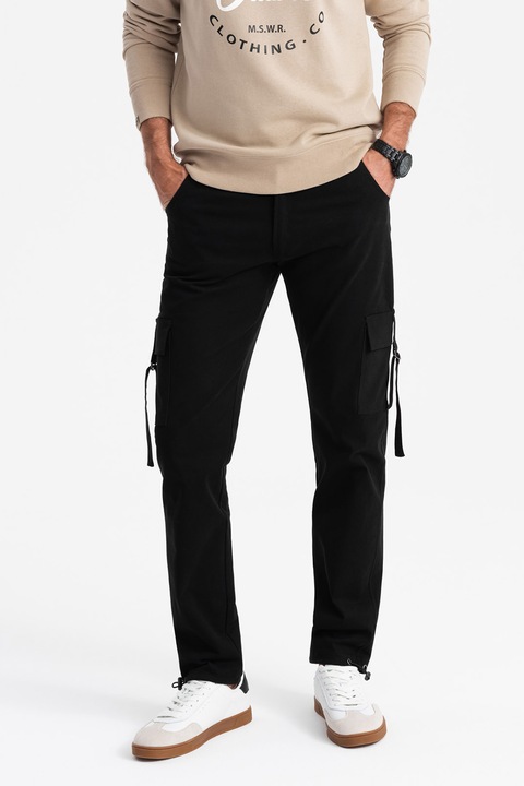 OMBRE, Pantaloni cargo cu croiala dreapta si terminatii ajustabile, Negru