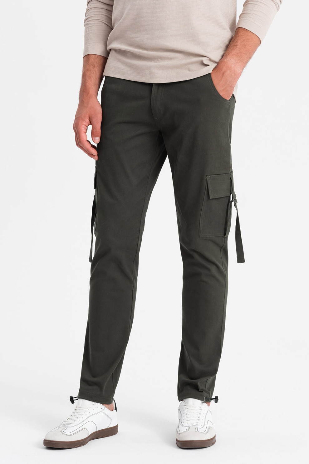 OMBRE, Pantaloni cargo cu croiala dreapta si terminatii ajustabile, Gri inchis, XL