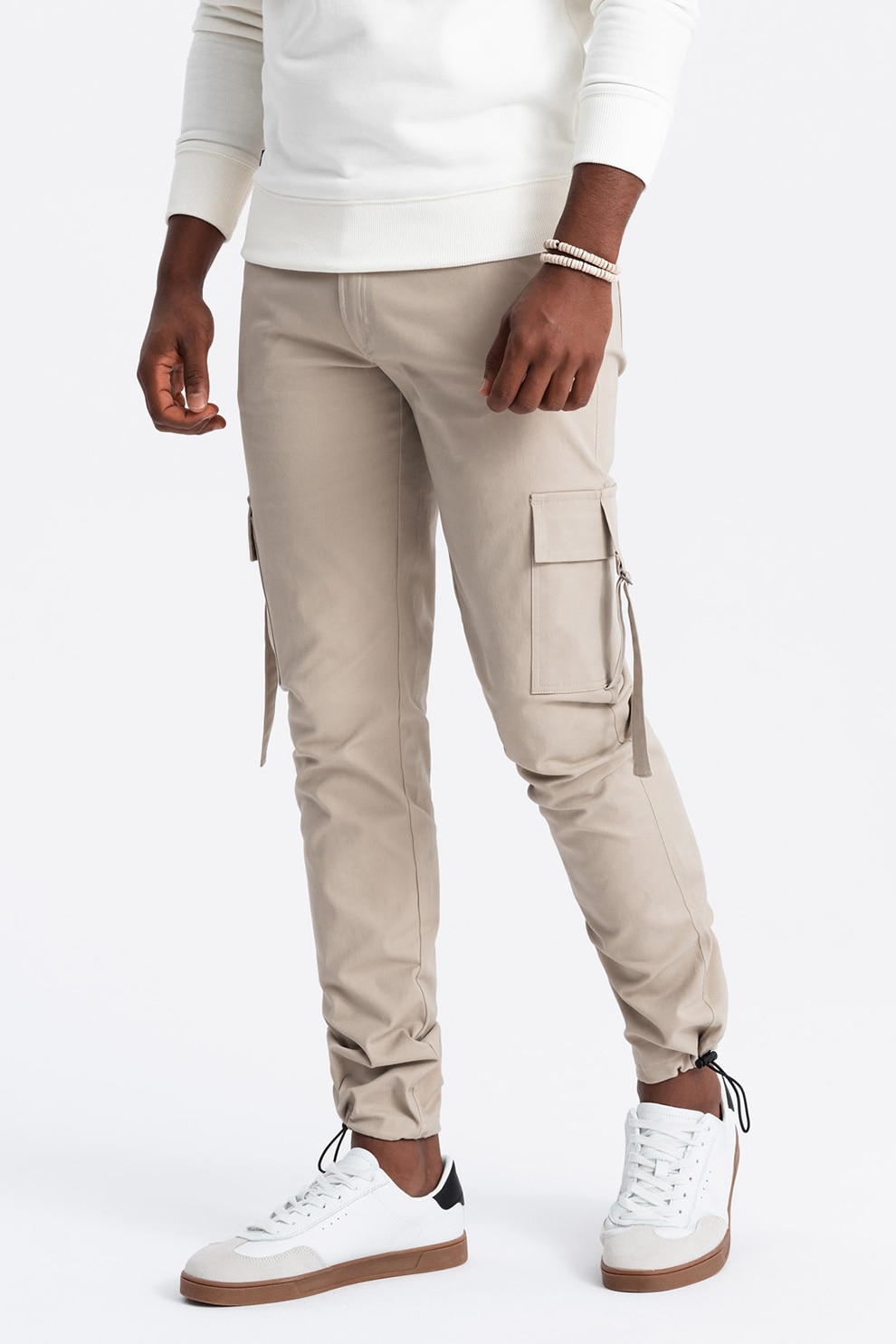 OMBRE, Pantaloni cargo cu croiala dreapta si terminatii ajustabile, Maro nisip, XL