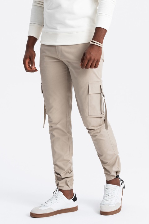 OMBRE, Pantaloni cargo cu croiala dreapta si terminatii ajustabile, Maro nisip