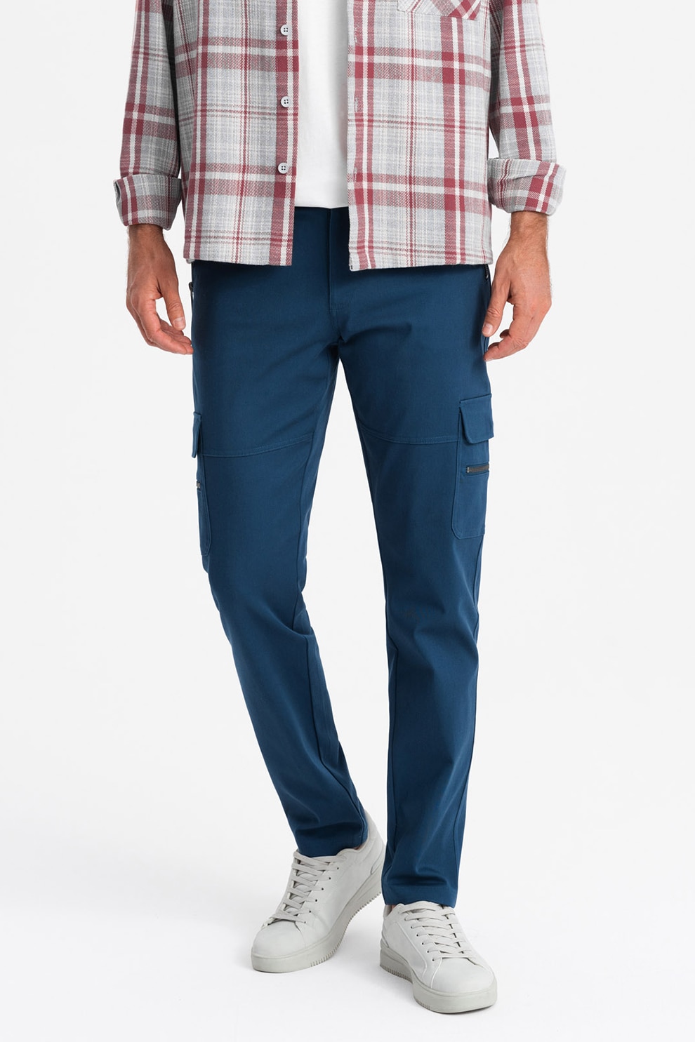 OMBRE, Pantaloni cargo cu croiala dreapta si buzunare cu fermoar, Albastru petrol, 2XL