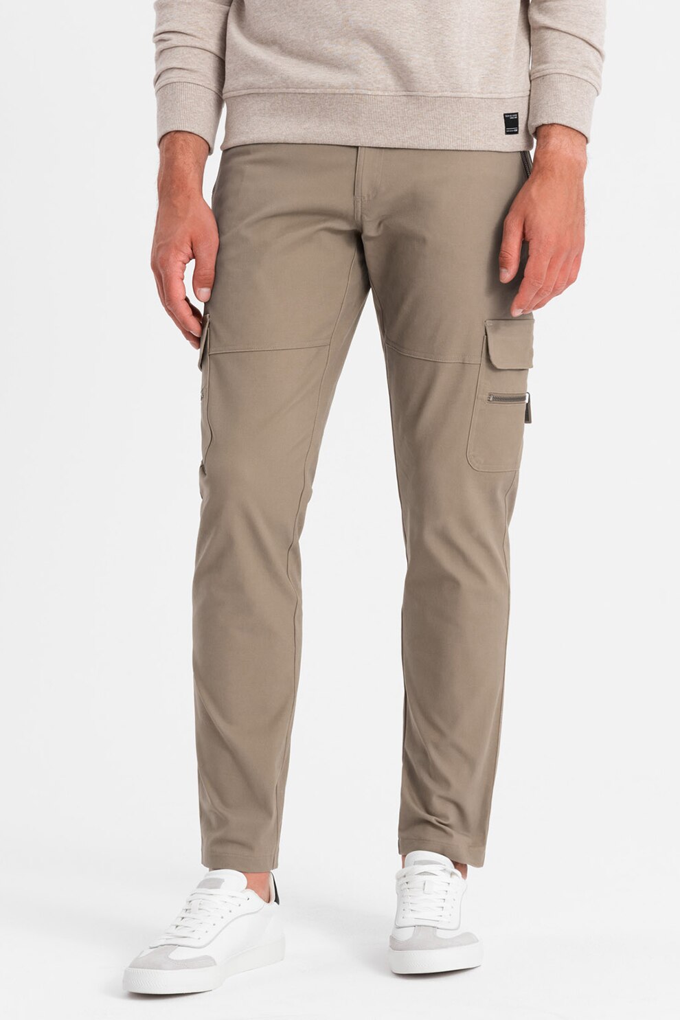 OMBRE, Pantaloni cargo cu croiala dreapta si buzunare cu fermoar, Kaki, XL