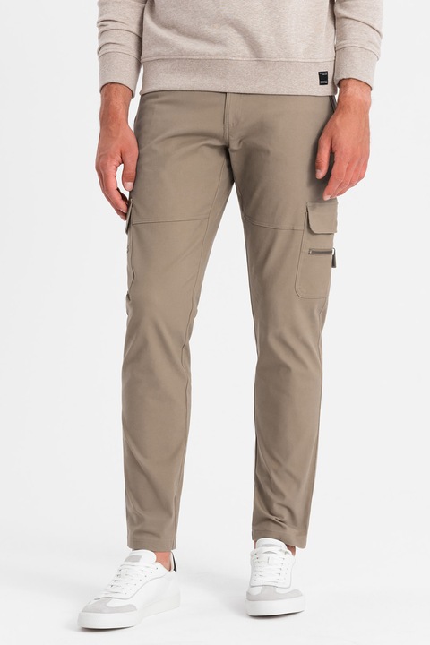 OMBRE, Pantaloni cargo cu croiala dreapta si buzunare cu fermoar, Kaki