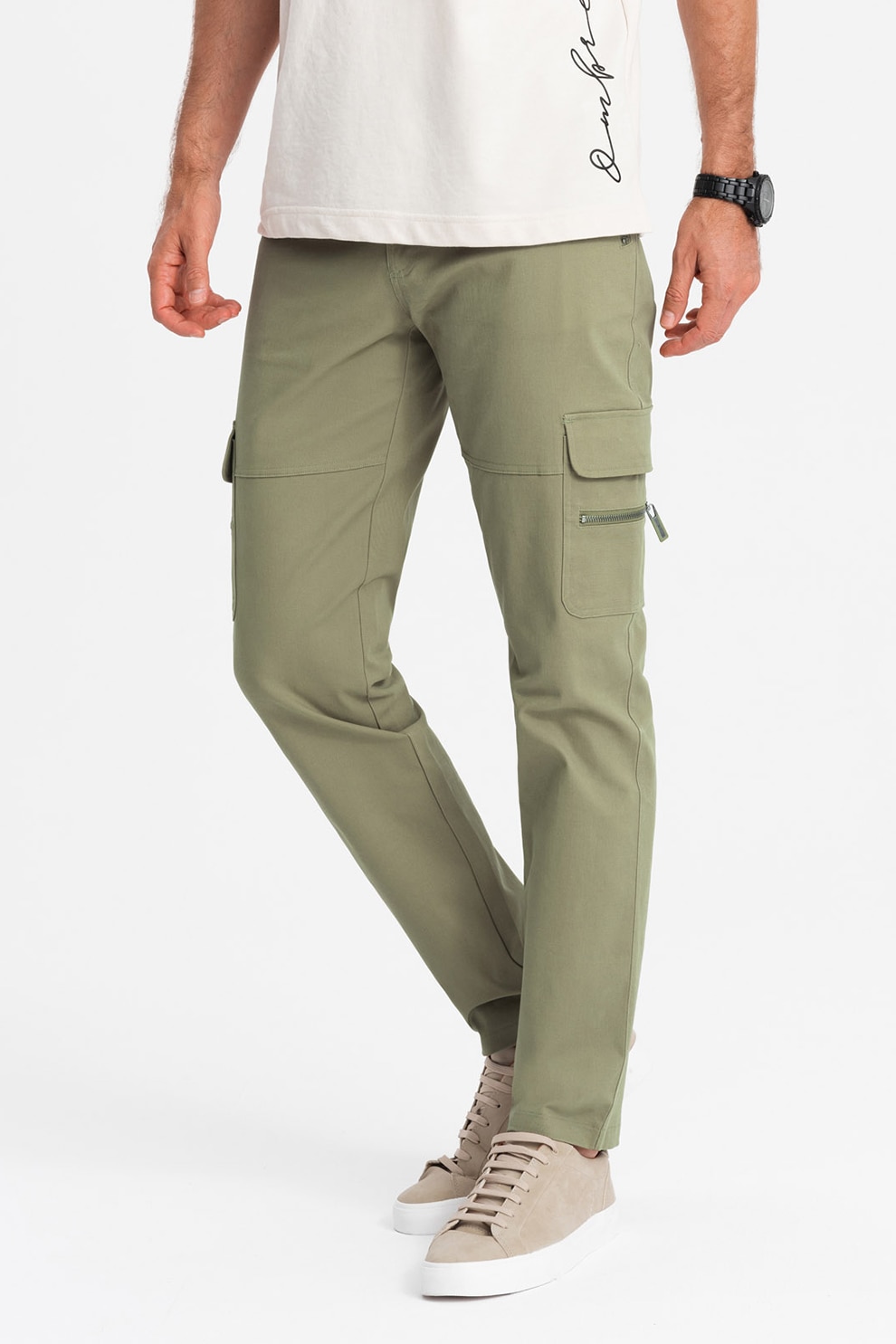 OMBRE, Pantaloni cargo cu croiala dreapta si buzunare cu fermoar, Sparanghel, 2XL