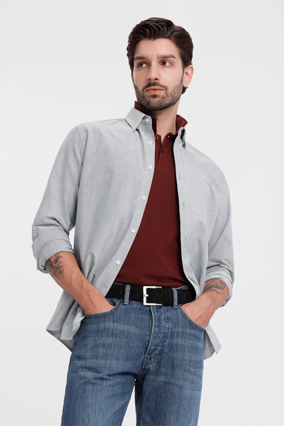 OMBRE, Camasa regular fit din bumbac, Gri deschis, S