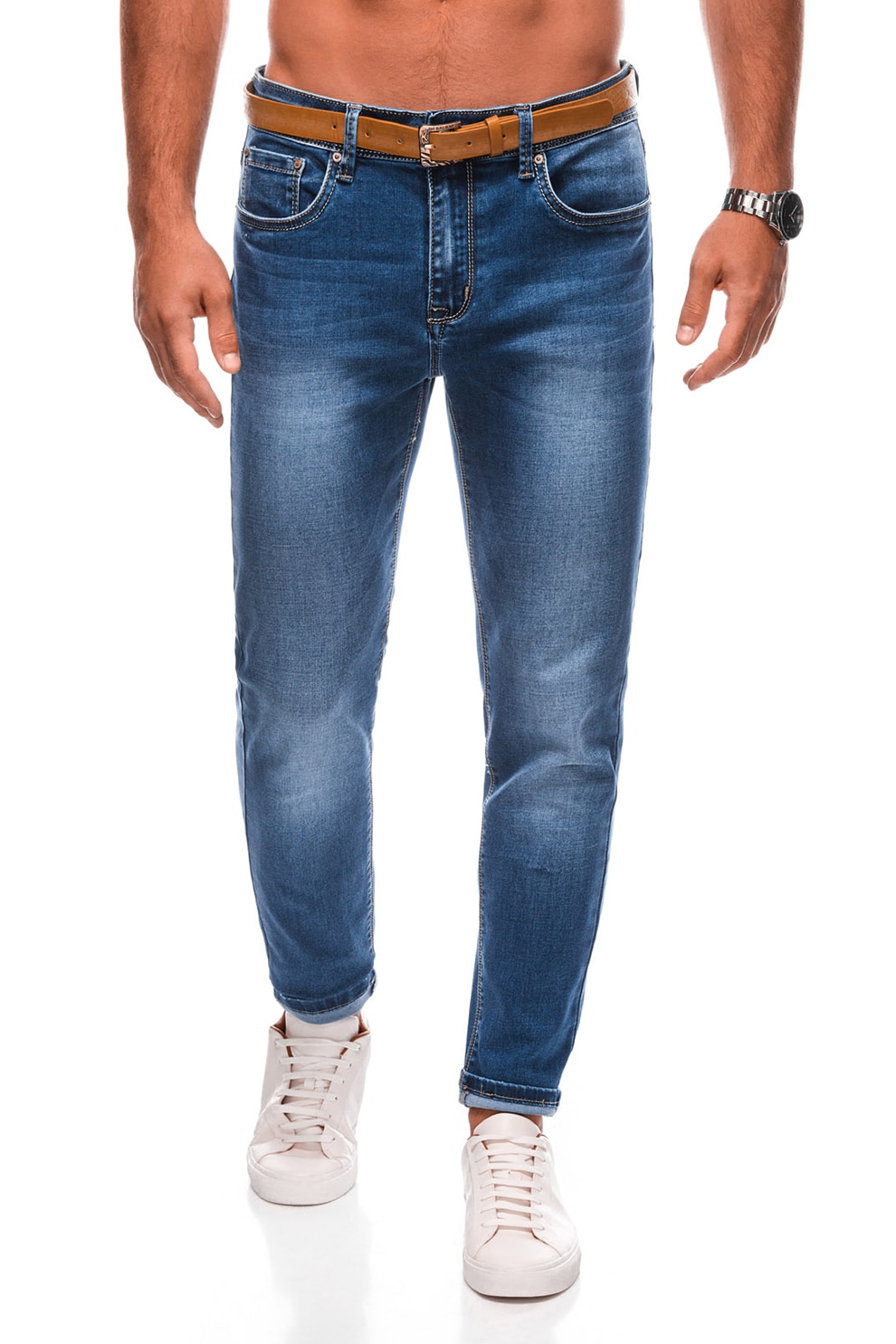 EDOTI, Blugi cu aspect decolorat si curea, Albastru inchis, Albastru deschis, 28