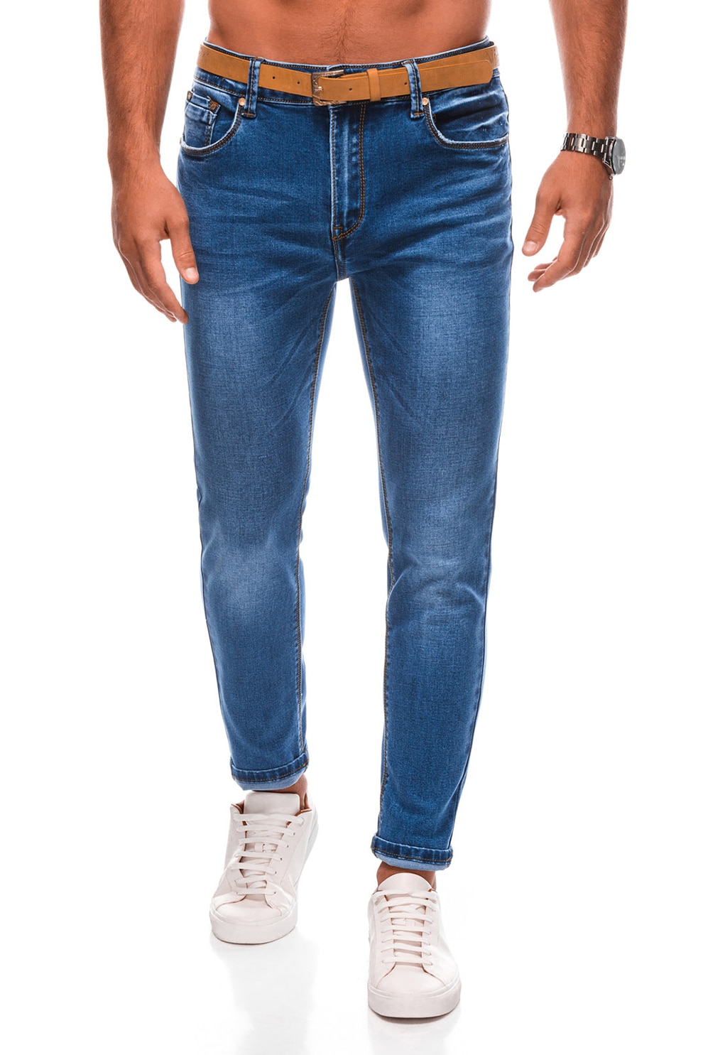 EDOTI, Blugi cu aspect decolorat si curea, Albastru inchis, 28