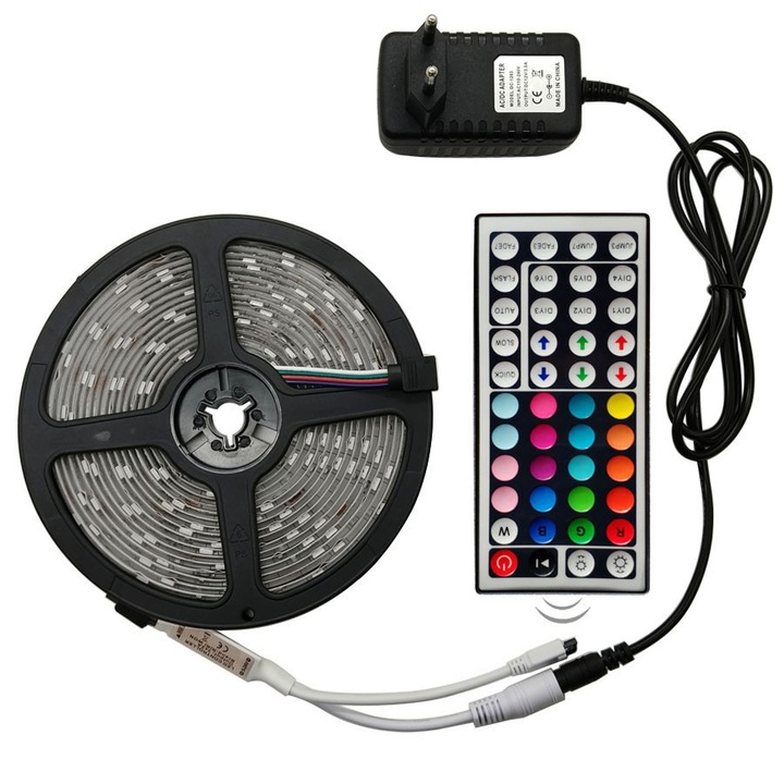 RGB LED лента 5050, гъвкава, 5M, с дистанционно и DC диод, 12V, черна