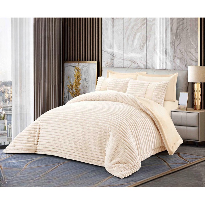 SET PILOTA Blana de iepure artificiala + lenjerie, 6 Piese, 200 x 230, 180 x 200 +30 Ivoire