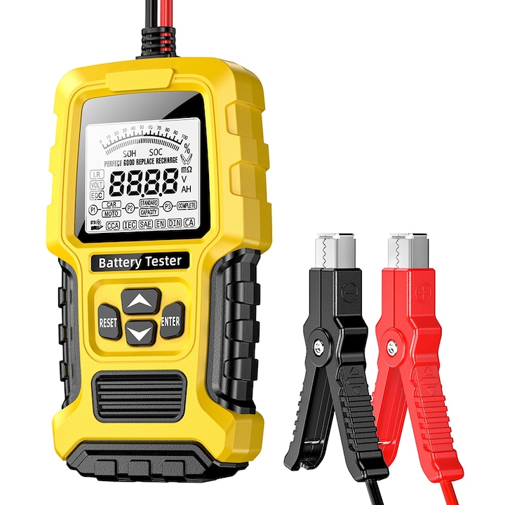 Tester Inteligent de Baterii Foxsur FBT-300, 12V/24V, pentru Auto si Motociclete, cu Ecran LCD 2.7", Compatibil cu Baterii VRLA/GEL/AGM/EFB/STD, Galben/Negru