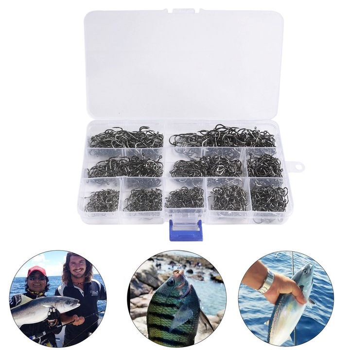 Set 1000 Carlige Pescuit din Otel cu Continut Ridicat de Carbon, SINBINTA, Cu cutie de depozitare, Rezistent la coroziune, Design cu carlig ascutit, Pentru toate tipurile de pescuit in apa dulce si sarata, Otel, 10 marimi (3#-12#), Argintiu