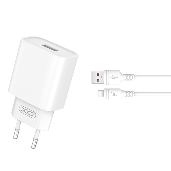 Încărcător: XO - Încărcător rapid de rețea alb de 18W cu port USB + cablu USB / Type-C (USB-C) (1m)