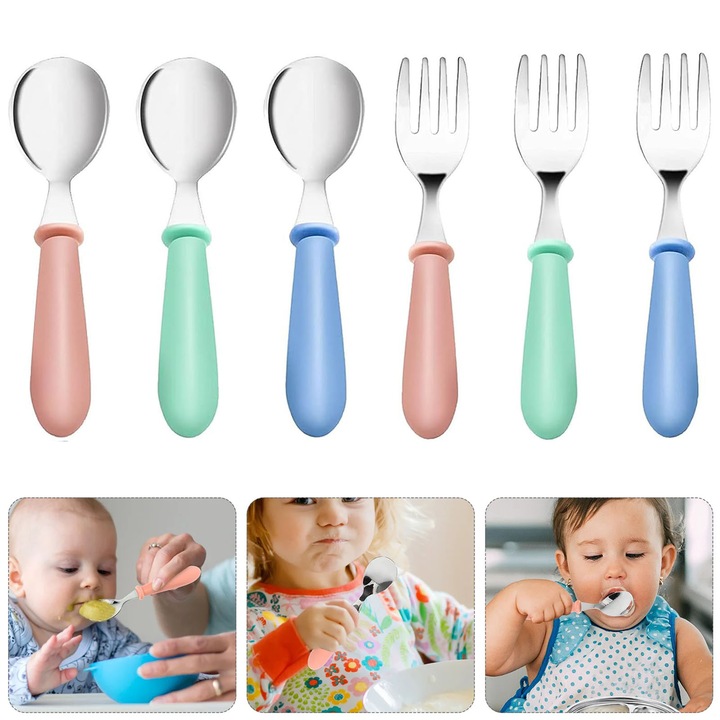 Set de 6 tacamuri cu furculita si lingurita pentru copii, Axroad Mall, Fara BPA, Cu manere confortabile si margini netede, Design prietenos pentru copii, Silicon/Inox, 12.5 x 2.5cm, Multicolor