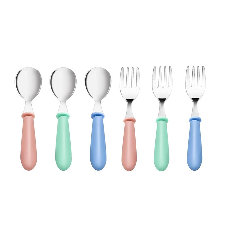 Комплект от 6 прибора за хранене с вилица и лъжица за деца, Axroad Mall, без BPA, с удобни дръжки и гладки ръбове, подходящ за деца дизайн, силикон/неръждаема стомана, 12,5 x 2,5 cm, многоцветен