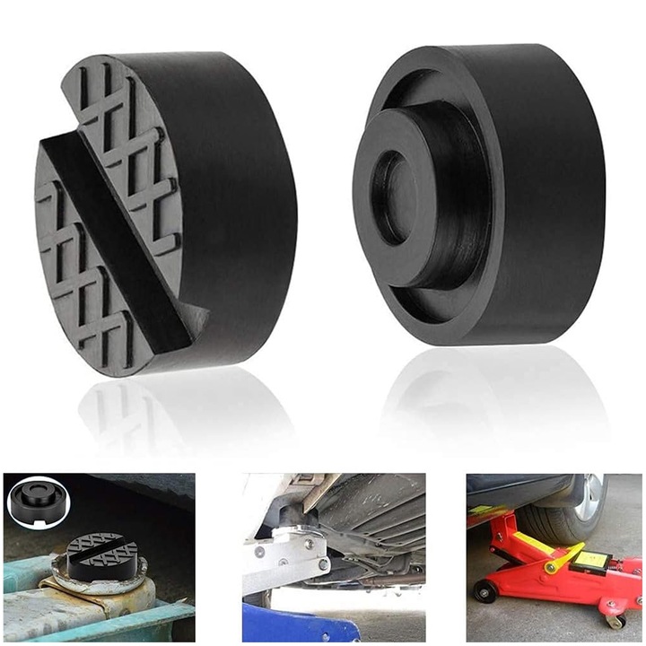 Set 2 tampon cauciuc pentru cric, Axroad Mall, Antialunecare, Design cu fante, Se potriveste majoritatii vehiculelor si cricurilor de podea, 6.5x3.3cm, Negru