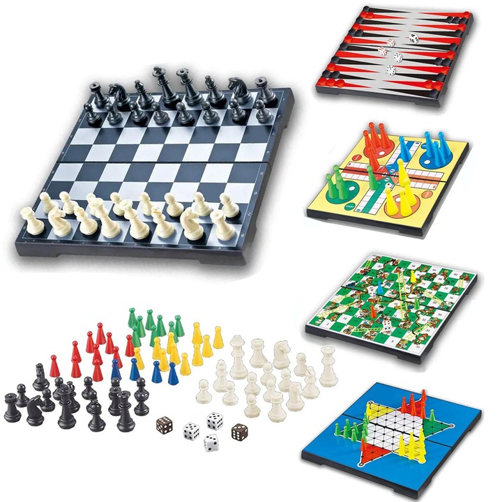 Настолна игра 5 в 1, Wurdan, табла, шах, игра със змии и стълби, летящ шах, дама, за семейни игри и пътуване, многоцветна