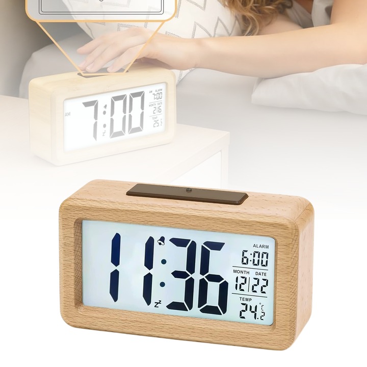 Ceas Desteptator, Ceas Desteptator Digital cu Afisaj Timp/Temperatura/Umiditate, Luminozitate Ajustabila, Ecran LED, Afisaj Digital, 2 Moduri de Afisare, Lemn, Culoarea Iemnului