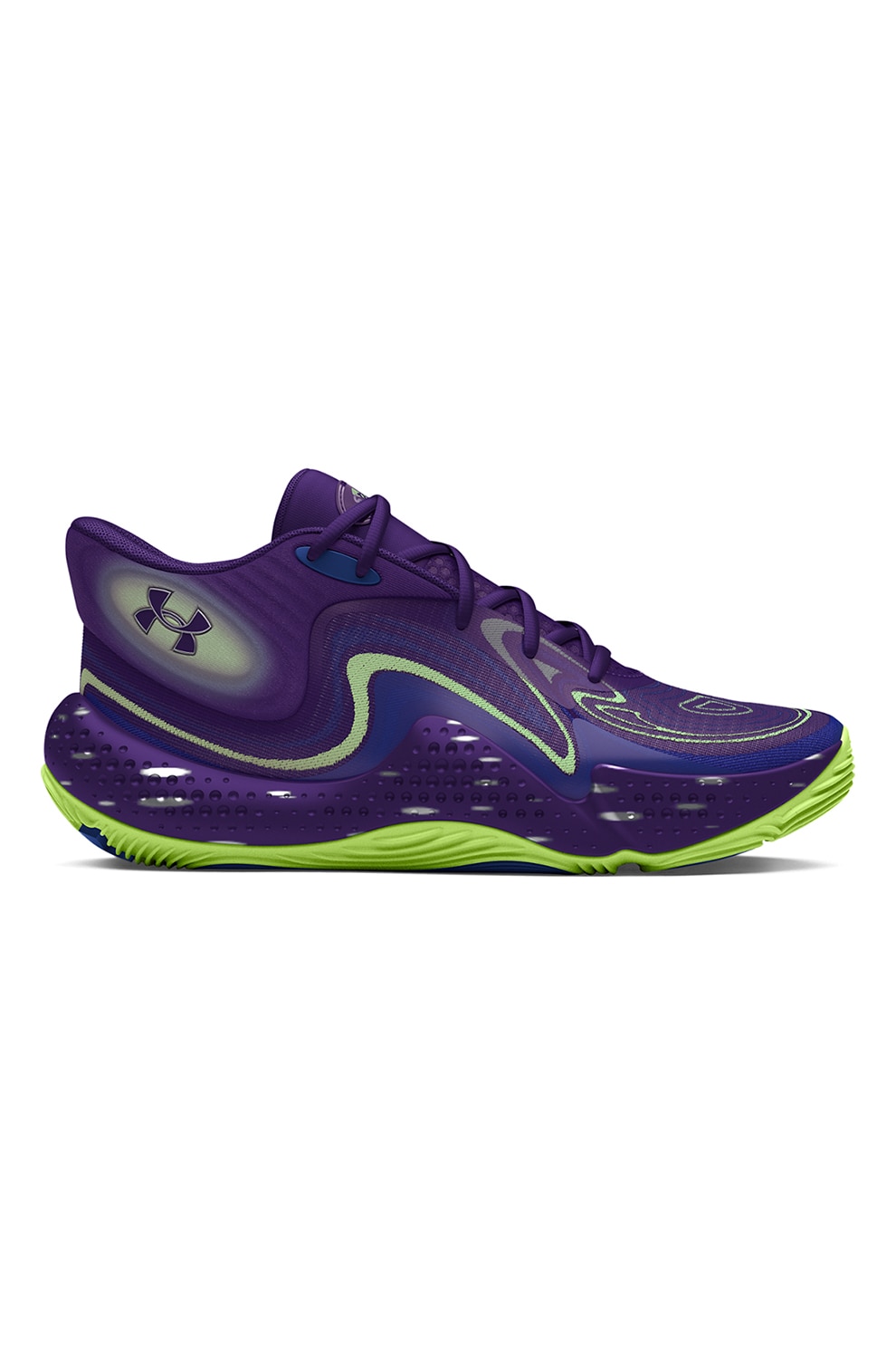 Under Armour, Pantofi colorblock medii pentru baschet Spawn 6, Violet, Verde electric, 12