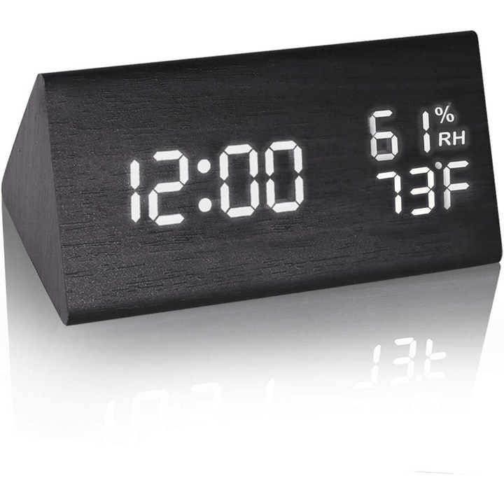 AYCYKD fából készült digitális ébresztőóra idő/hőmérséklet/páratartalom kijelzővel, állítható fényerő, fekete