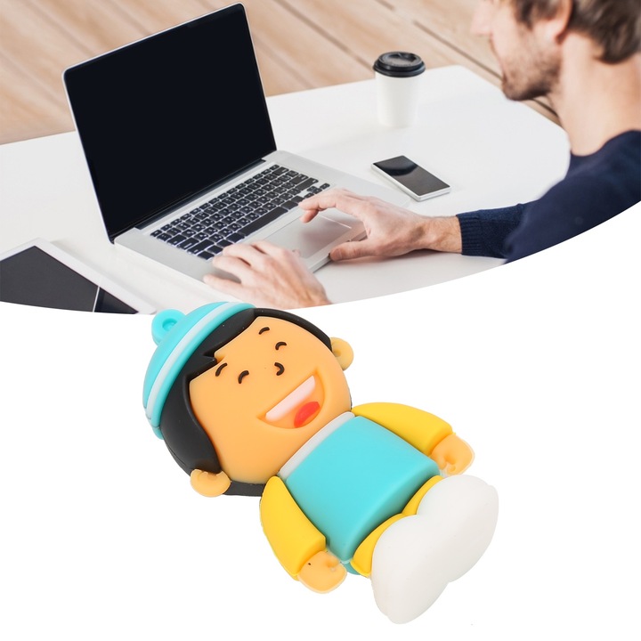 128GB USB флаш памет, дизайн с анимационно момче, син цвят, широка съвместимост