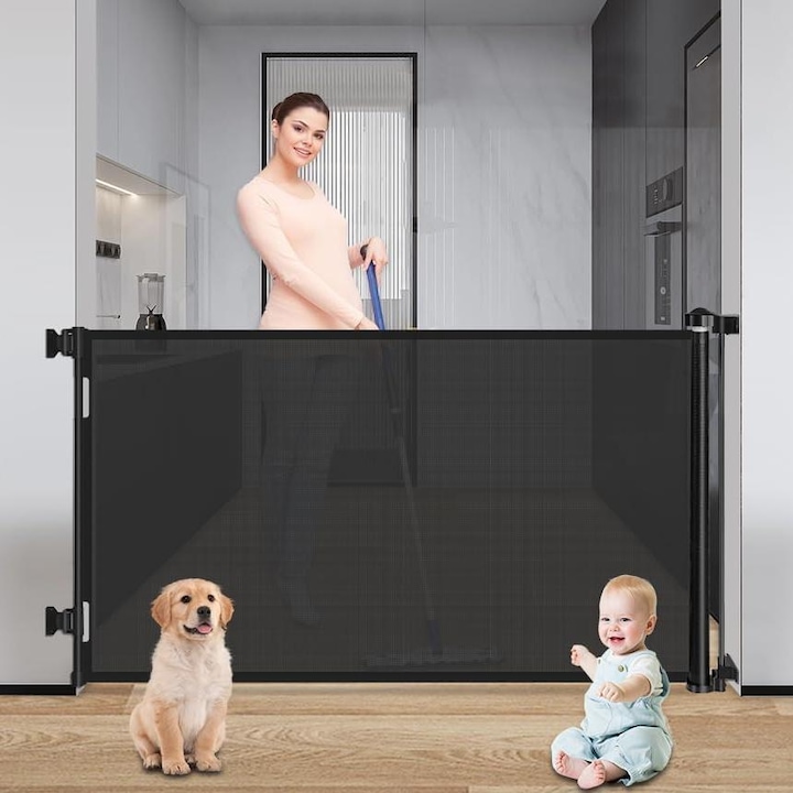 Poarta de Siguranta cu Plasa Retractabila Daboza, Porti de Siguranta Extra Late pentru Bebelusi si Animale de Companie, usor de Rulat si de Blocat, pentru usi, Scari, Holuri interior/Exterior, 150x86cm, Negru