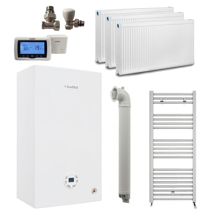 Pachet apartament cu 2 camere, centrala termica pe gaz in condensare Fondital Tenerife KC 24 kW, Calorifere, Termostat Inteligent, Set robineti calorifere, Kit evacuare inclus