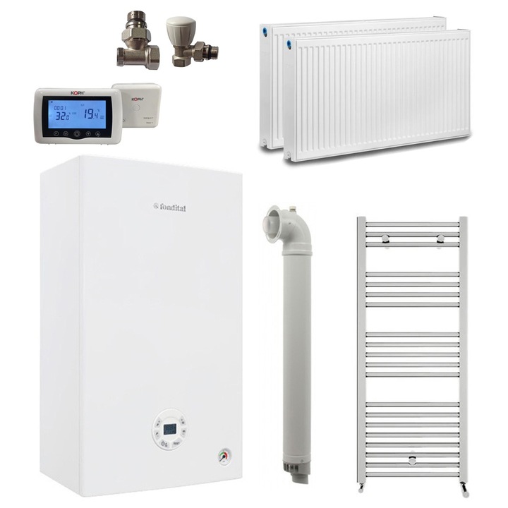 Pachet apartament cu o camera, centrala termica pe gaz in condensare Fondital Tenerife KC 24 kW, Calorifere, Termostat Inteligent, Set robineti calorifere, Kit evacuare inclus
