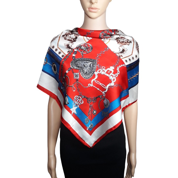 Дамски шал разнообразна щампа червено/синьо 70х70