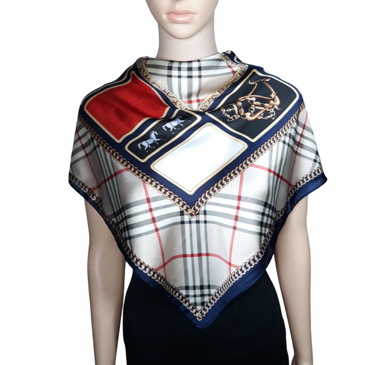 Női sál, többféle mintával, bézs/sötétkék, 70x70