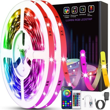 Banda LED, 10 metri (2 x 5 metri), Bluetooth, aplicatie mobila, 64 ...