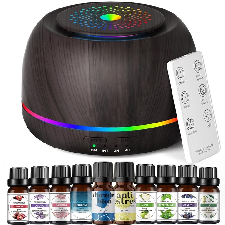 Комплект дифузьор за етерични масла с 10x10 мл органични масла, AYCYKD, 300 мл, дистанционно управление, функция таймер, многоцветен