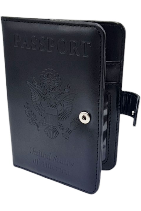 Калъф за паспорт, StarFashion, с вграден портфейл за карта, отделение за документи, много отделения, екологична кожа, черна