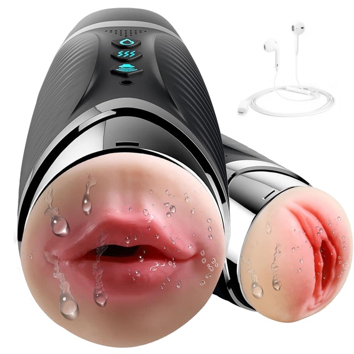 Masturbator dublu cu functie de incalzire 42 grade, 10 moduri de vibratie, negru