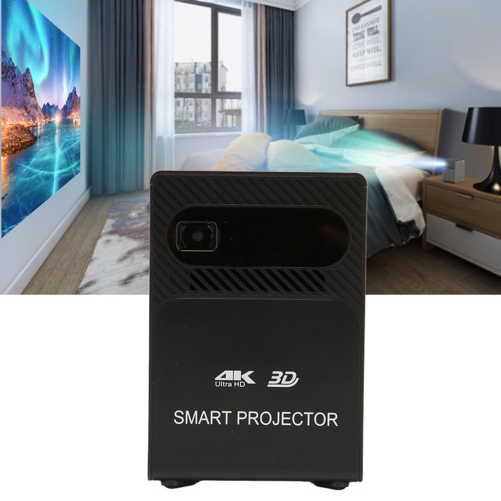 Мини видео проектор Longziming 4G RAM 64G ROM DLP 4K, 30-120 инча, безжичен, черен