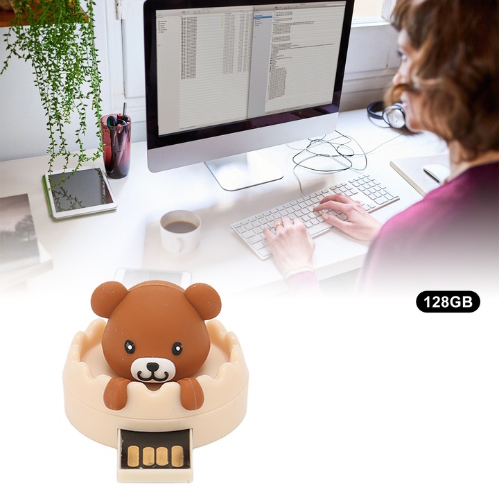 USB флаш памет с анимационен герой, Longziming, Кафява мечка, 128GB, Удароустойчива, Plug and Play