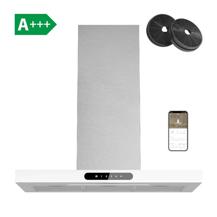 Стенен аспиратор Ciarra, CBCW9102-OW, 90 см, клас A++, ниска консумация, 3 нива на мощност + функция Boost, 650 m³/h, сензорно управление