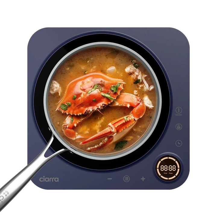 Elektromos indukciós főzőlap Ciarra, Donut, 30 x 30 cm, egy főzőzóna, 8 teljesítményfokozat, Érintő vezérlőpanel, főzőedény automatikus felismerése, 240 perces időzítő, Gyerekzár, automatikus leállítás, hordozható, kompakt kialakítás, sötétkék