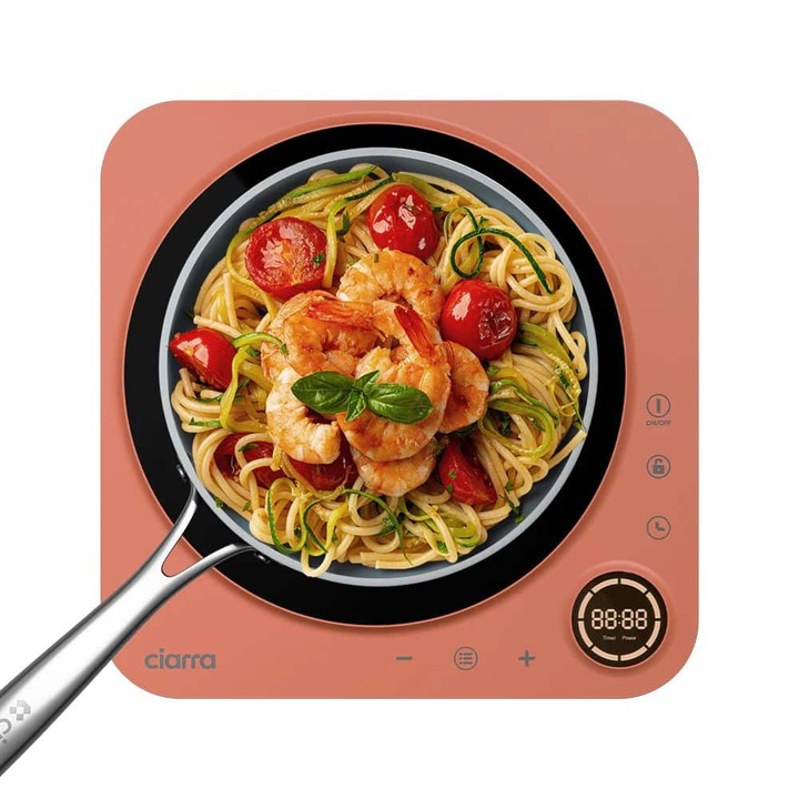 Plita electrica cu inductie Ciarra, Donut, 30 x 30 cm, o zona de gatit, 8 trepte de putere, panou de control Touch, detectare automata a vasului de gatit, timer, Child Lock, oprire automata, portabila, design compact, portocaliu