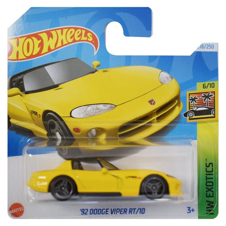 Метална кола Hot Wheels, '92 Dodge Viper RT/10, жълто, 1:64
