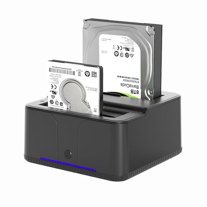 Докинг станция с двоен твърд диск, USB 3.0, съвместим с 2,5"/3,5" HDD/SSD, четец на SD/TF карти, черен