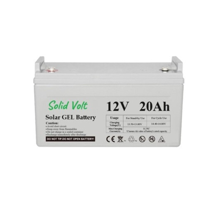 Baterie 20Ah 12V gel solar pentru sisteme fotovoltaice, acumulator stationar solar, rulota, autorulota, sistem solar off-grid, cabana, container, durata de viata 10+ ani, Solid Volt