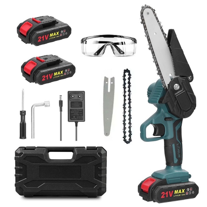 Mini ferastrau electric, kit ferastrau reincarcabil, portabil, include 2 baterii, 21V, lant reincarcabil, conceput pentru taierea copacilor