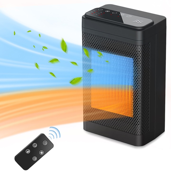 Aeroterma Electrica, JFYU, Radiator Ceramic 1500W cu Telecomanda 3 Moduri 70° Oscilatie Timer 24 Ore, 18.6x12.6x40.7cm Negru