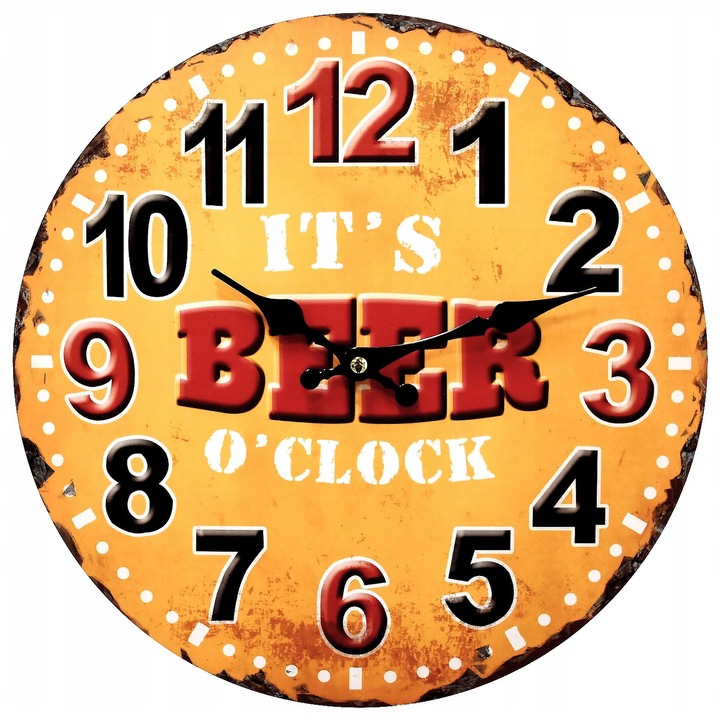 Ceas de perete, GIGANT, Lemn MDF, Agatat, Vintage, Foarte linistit, Diametru 34 cm, Motiv Beer Time