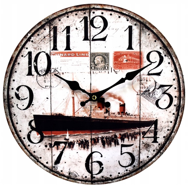 Ceas de perete, GIGANT, Lemn MDF, Agatat, Vintage, Foarte linistit, Diametru 34 cm, Motiv Vaporului cu aburi