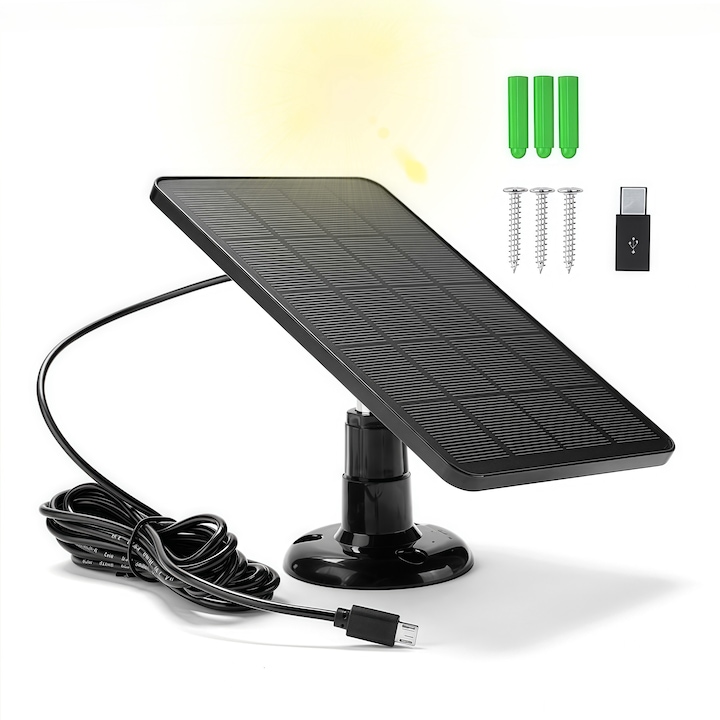 Mini Panou Solar, JFYU, Panou Solar Fotovoltaic pentru Alimentare Camere, 10W 5V, Rezistent la Intemperii, Cablu 3m, Conector Micro-usb si Adaptor tip c Inclus, Negru