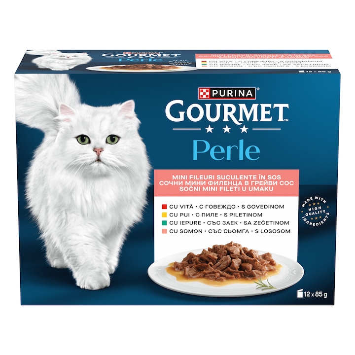 Hrana umeda pentru pisici, GOURMET PERLE, cu Vita, Pui, Iepure, Somon, mini fileuri in sos, 12x85 g
