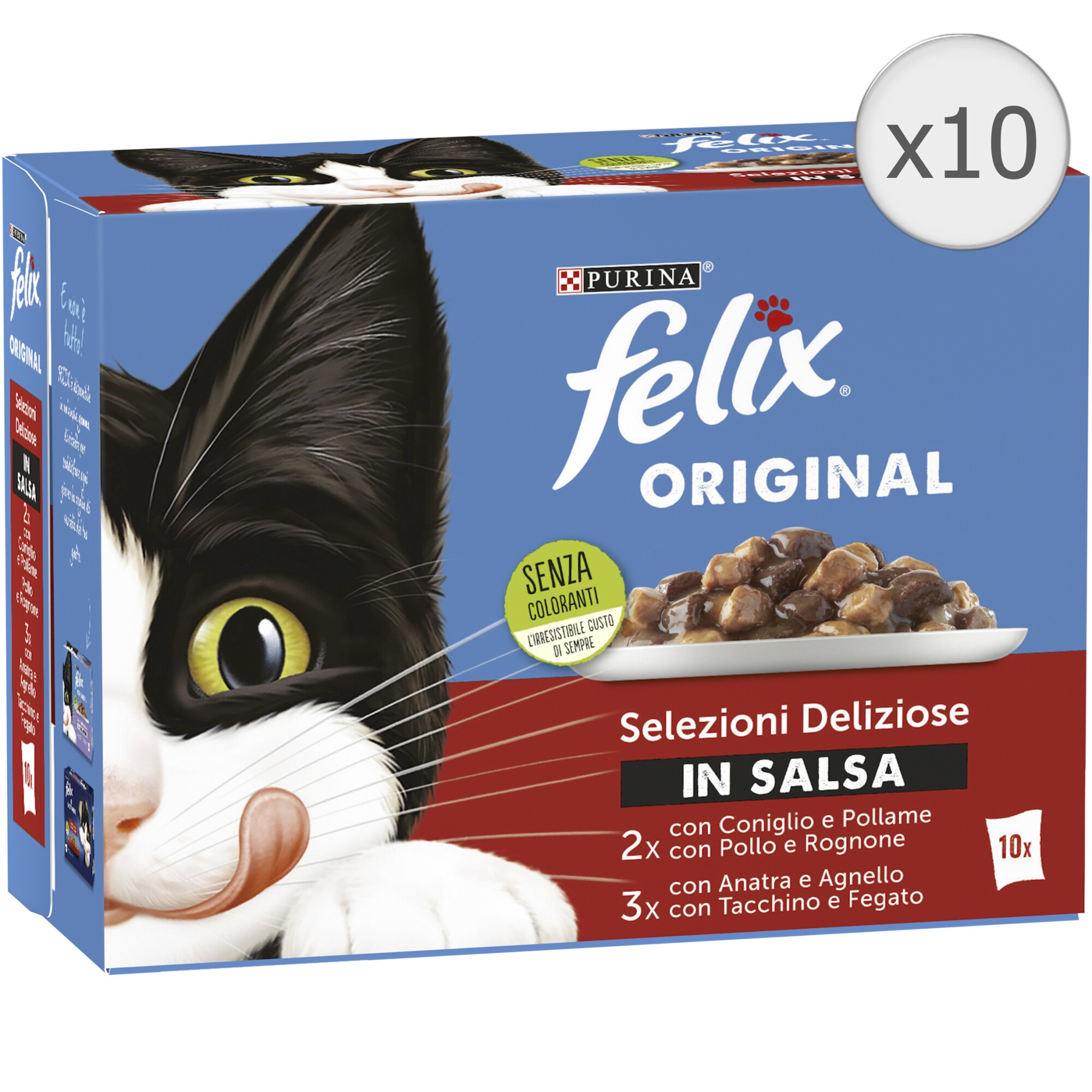Hrana umeda pentru pisici, FELIX Original, cu Rata si Miel, Iepure si Pasare de curte, Curcan si Ficat, Pui si Rinichi in sos, 10x85 g